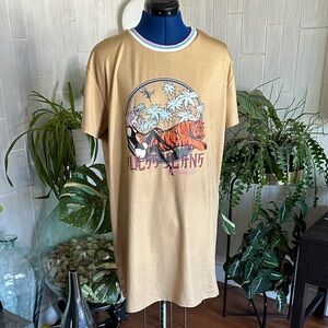 Guess Gold Graphic Midi Dress with Teal & White Trim